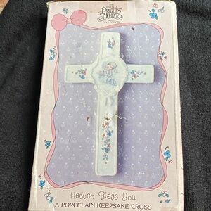 Precious Moments Porcelain Heaven bless you Keepsake Cross - Cream and Blue